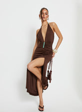 Sasami Halter Plunge Maxi Dress Chocolate