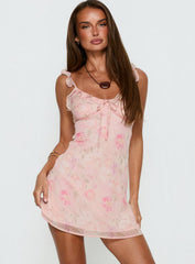 Dewdrops Chiffon Frill Mini Dress Pink Floral