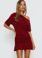 Haylo Off Shoulder Drape Mini Dress Burgundy