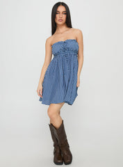 Held My Breath Strapless Babydoll Mini Dress Blue Gingham