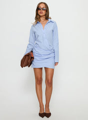 Well Versed Long Sleeve Ruched Shirt Mini Dress Blue