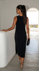 Aureva Pleated Gold Accent Midi Dress - Black