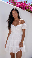 Idylla Eyelet Tiered Mini Dress - White