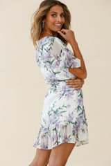 Azealia Ruffle Hem Dress Flower Print White
