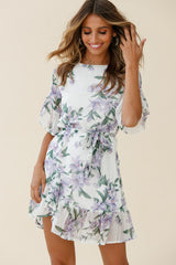 Azealia Ruffle Hem Dress Flower Print White