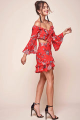 Bellisario Floral Ruffle Caribbean Skirt Red