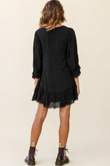Amala Balloon Sleeve Button Detail Linen Dress Black