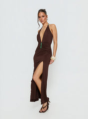 Sasami Halter Plunge Maxi Dress Chocolate
