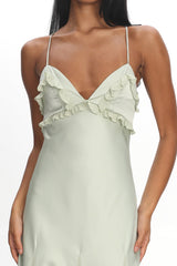 Caryn Frill Trim Godet Maxi Dress Sage