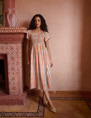 Short Sleeve Shirred Waist Abstract Print Dress