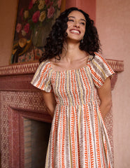 Short Sleeve Shirred Waist Abstract Print Dress