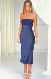 Audrey Navy Lace Strapless Midi Dress