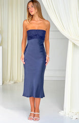 Audrey Navy Lace Strapless Midi Dress