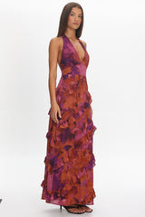 Flirt Frill Trim Halter Maxi Dress Dark Rose