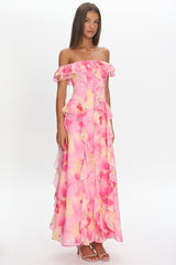 Scarlet Off-Shoulder Ruffle Trim Maxi Dress Print Pink