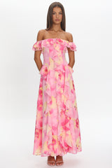 Scarlet Off-Shoulder Ruffle Trim Maxi Dress Print Pink