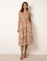 Floral Shirred Strappy Midi Dress