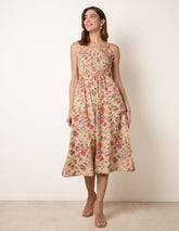 Floral Shirred Strappy Midi Dress