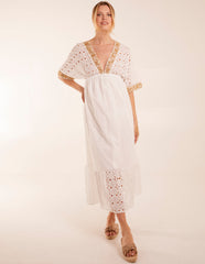 Broderie Anglaise V-Neck Short Sleeve Embellishment Detailing Dress