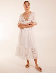 Broderie Anglaise V-Neck Short Sleeve Embellishment Detailing Dress