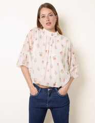 High Neck Frill Sleeve Dobby Floral Print Puffball Blouse