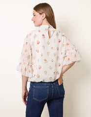 High Neck Frill Sleeve Dobby Floral Print Puffball Blouse
