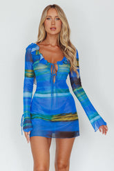 Bohemia Tied Bust Long Sleeve Dress Blue