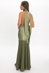 Italia Azure Halterneck Sheer Hem Maxi Dress Olive