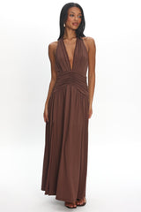 Tanya Halterneck Ruched Maxi Dress Chocolate