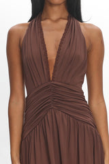 Tanya Halterneck Ruched Maxi Dress Chocolate