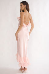 Okay, Cupid Low Back Ruffle Trim Maxi Dress Pink