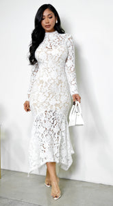 Ishani Mock Neck Lace Midi Dress - White