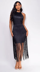 Seilynn Black Halter Fringe Mini Dress