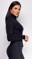 Gigi High Neck Long Sleeve Top - Black