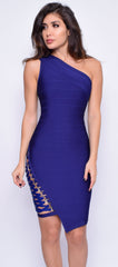 Charlyn Navy Blue Side Lace Up One Shoulder Bandage Dress
