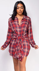 Saylor Red Button Up Plaid Shirt Dress