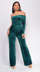 Nightfall One Shoulder Velvet Jumpsuit - Green