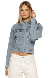 Elana Mid Wash Cinched Waist Denim Jacket