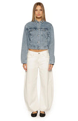 Elana Mid Wash Cinched Waist Denim Jacket