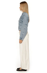 Elana Mid Wash Cinched Waist Denim Jacket