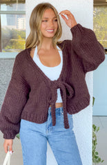 Holiday Chocolate Brown Tie Up Knit Cardigan