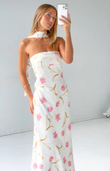 Icelynn Cream Floral Print Strapless Satin Maxi Dress