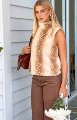 Isolde Brown Deer Print High Neck Fur Top