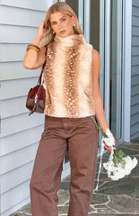 Isolde Brown Deer Print High Neck Fur Top