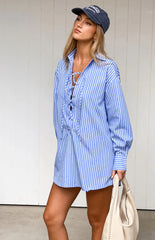 Jasper Blue Pinstripe Lace Up Shirt Dress