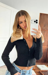 Lainey Black Fur Trim Collar Knit Cardigan