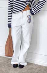 Lovers Lane White Denim Heart Pocket Slouchy Jeans