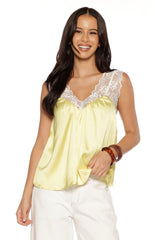 Mira Yellow Satin Lace Detail Top
