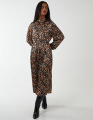 Abstract Animal Print High Neck Blouson Dress