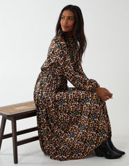 Abstract Animal Print High Neck Blouson Dress